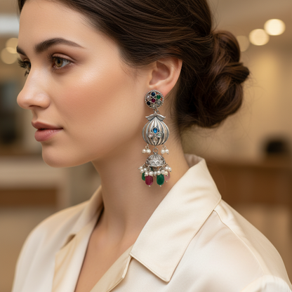 Oxidised German Silver Multicolor Stone Jhumka Earrings with Pearl Drops