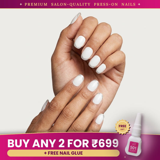 Premium White Glitter French Press-On Nails | Lady Zone