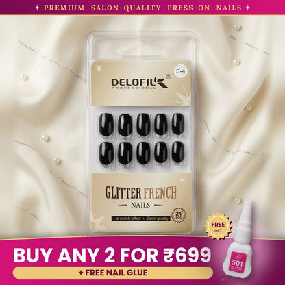 Premium Black & Silver Glitter French Press-On Nails | Lady Zone