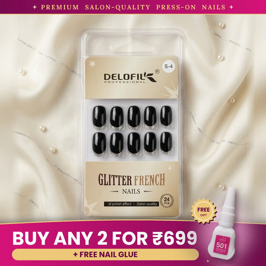 Premium Black & Silver Glitter French Press-On Nails | Lady Zone