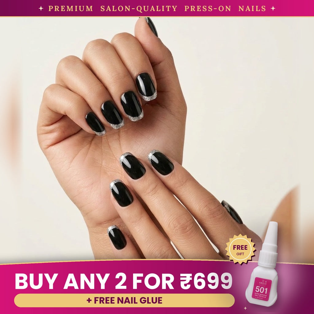 Premium Black & Silver Glitter French Press-On Nails | Lady Zone
