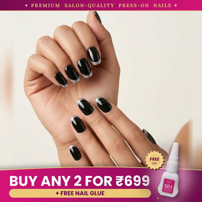 Premium Black & Silver Glitter French Press-On Nails | Lady Zone