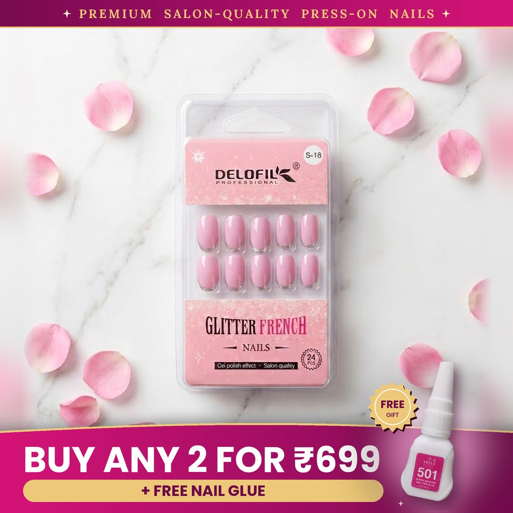 Premium Light Pink Glitter French Press-On Nails | Lady Zone