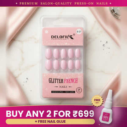 Premium Blush Pink Glitter French Press-On Nails | Lady Zone