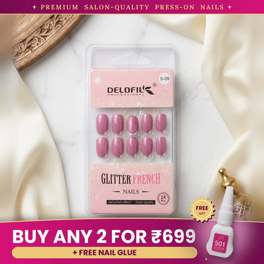 Premium Rose Pink Glitter French Press-On Nails | Lady Zone