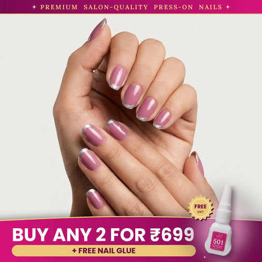 Premium Rose Pink Glitter French Press-On Nails | Lady Zone
