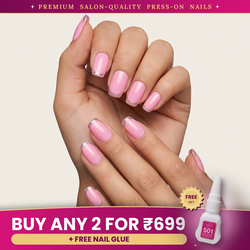 Premium Pink Glitter French Press-On Nails | Lady Zone