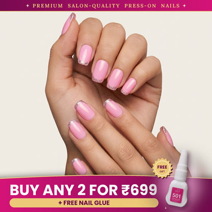 Premium Pink Glitter French Press-On Nails | Lady Zone