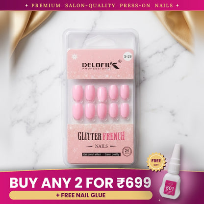Premium Pink Glitter French Press-On Nails | Lady Zone