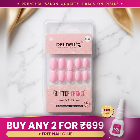 Premium Pink Glitter French Press-On Nails | Lady Zone