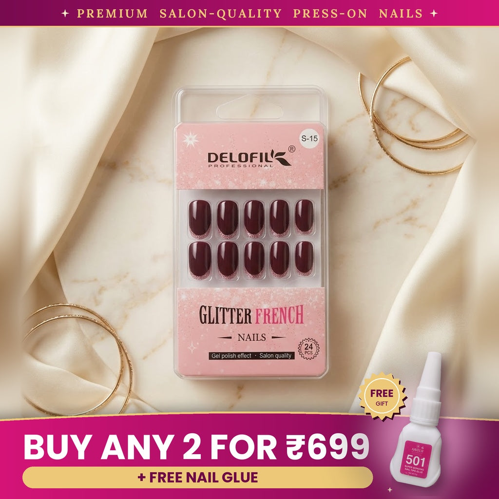 Premium Burgundy Glitter French Press-On Nails | Lady Zone