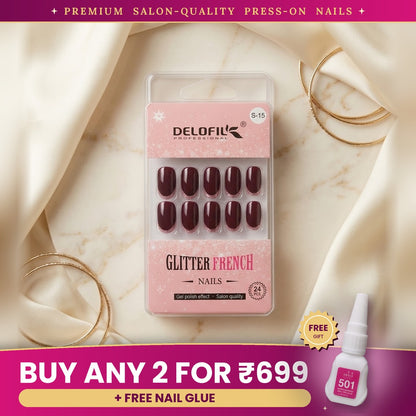 Premium Burgundy Glitter French Press-On Nails | Lady Zone