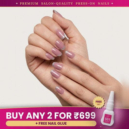 Premium Mauve Glitter French Press-On Nails | Lady Zone