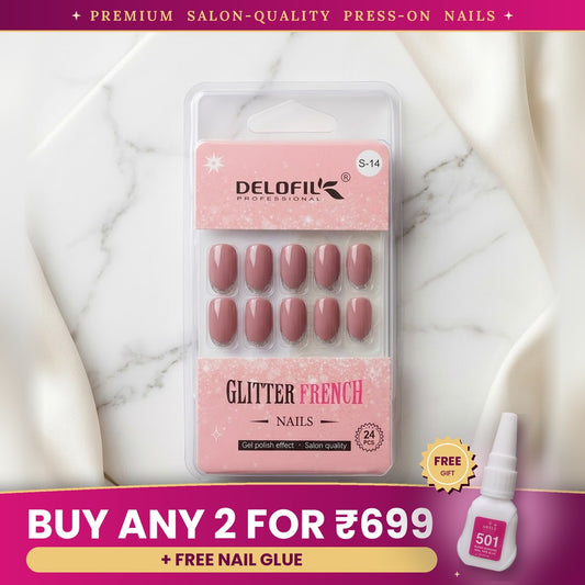 Premium Mauve Glitter French Press-On Nails | Lady Zone