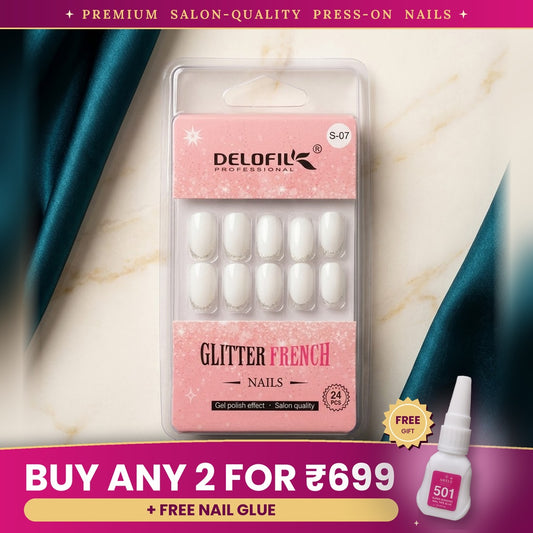 Premium White Glitter French Press-On Nails | Lady Zone