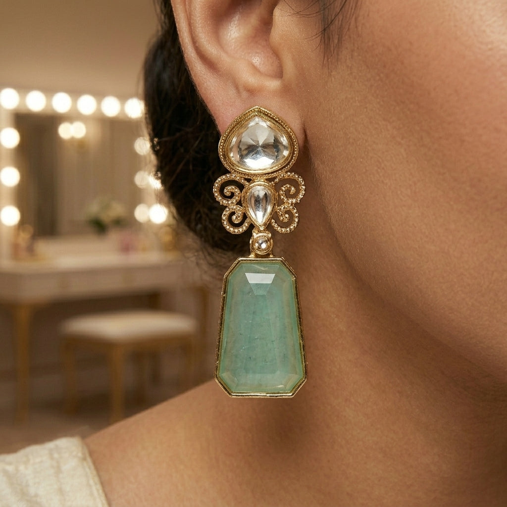 Gold Finish Kundan Stone Drop Earrings for Women | Lady Zone