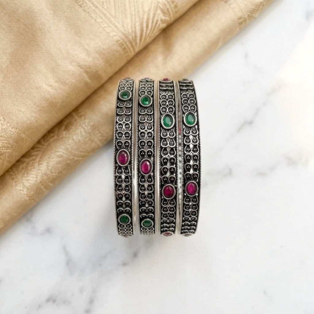 4 PC Oxidized Kundan Stone Studded Bangle Set | Lady Zone