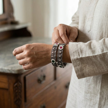 2 PC German Silver Stone Studded Kada Bangles | Lady Zone