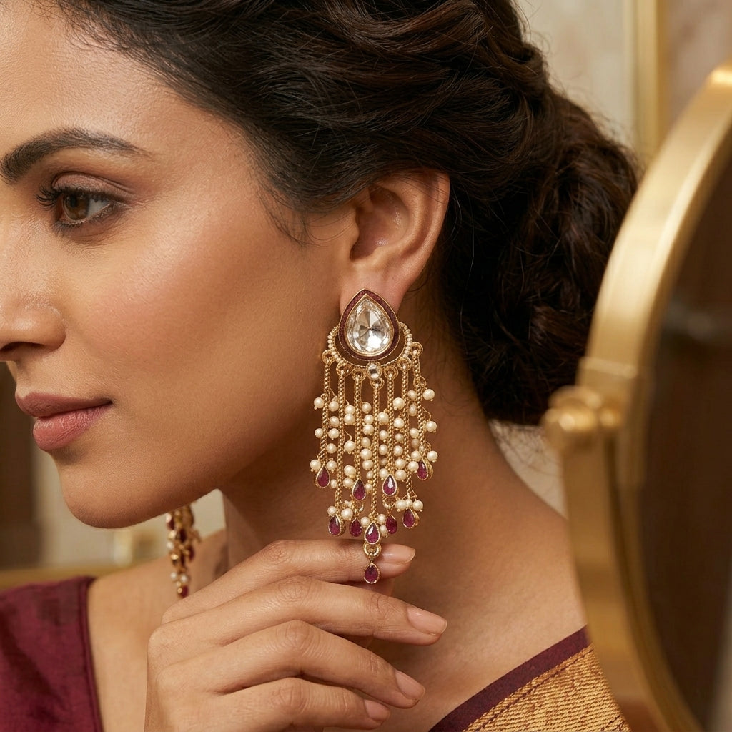 Gold Plated Kundan Pearl Tassel Earrings for Women | Lady Zone
