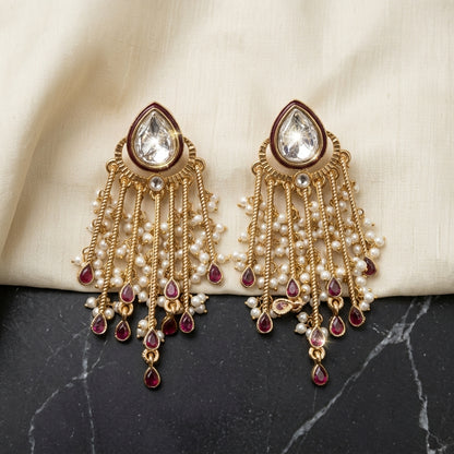 Gold Plated Kundan Pearl Tassel Earrings for Women | Lady Zone