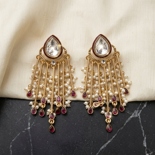 Gold Plated Kundan Pearl Tassel Earrings for Women | Lady Zone