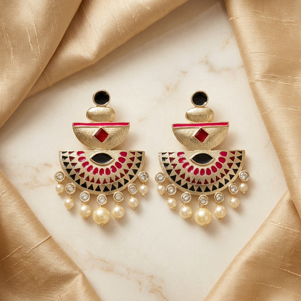 Royal Enamel Mother of Pearl Gold Dangler Earrings