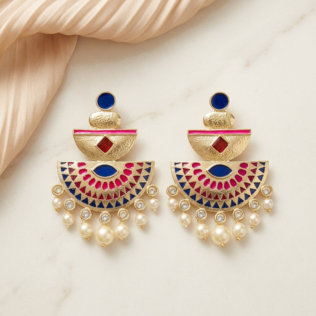 Royal Enamel Mother of Pearl Gold Dangler Earrings