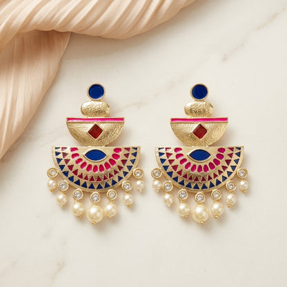 Royal Enamel Mother of Pearl Gold Dangler Earrings