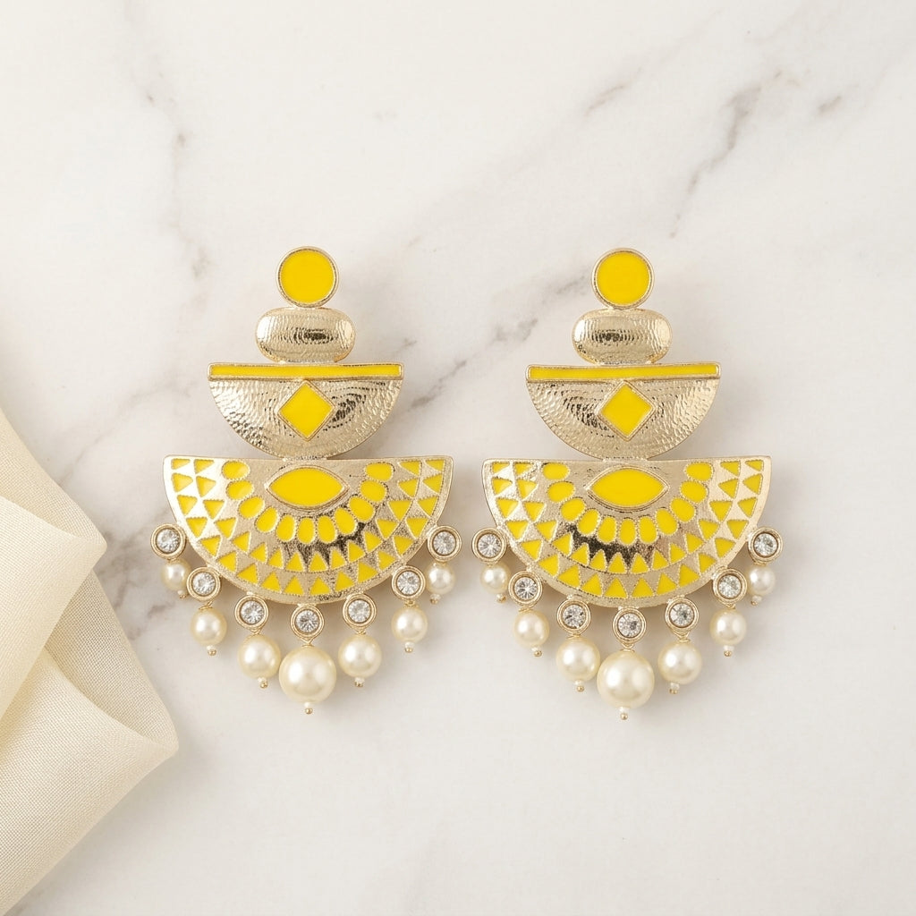 Royal Enamel Mother of Pearl Gold Dangler Earrings