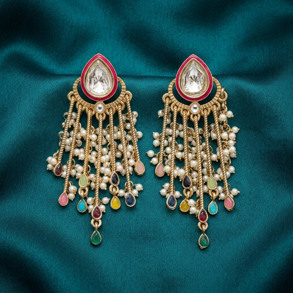 Gold Plated Kundan Pearl Tassel Earrings for Women | Lady Zone