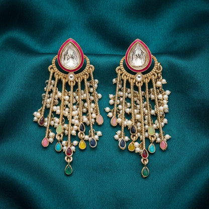 Gold Plated Kundan Pearl Tassel Earrings for Women | Lady Zone