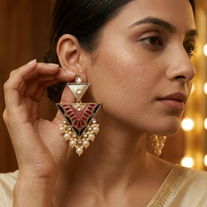 Royal Meenakari Triangle Pearl Drop Traditional Earrings