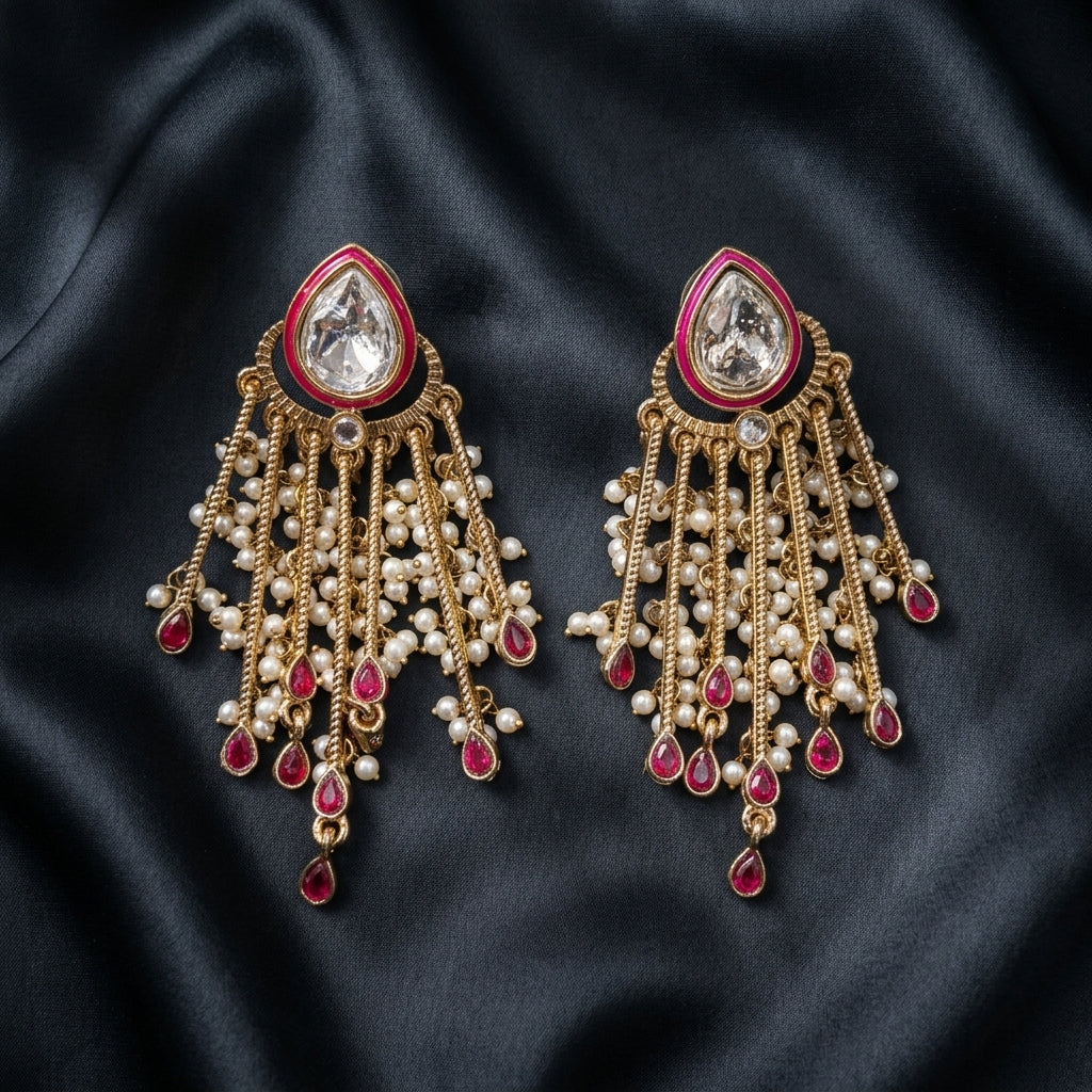 Gold Plated Kundan Pearl Tassel Earrings for Women | Lady Zone