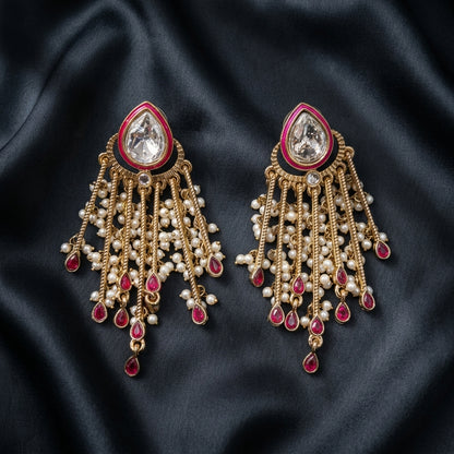 Gold Plated Kundan Pearl Tassel Earrings for Women | Lady Zone