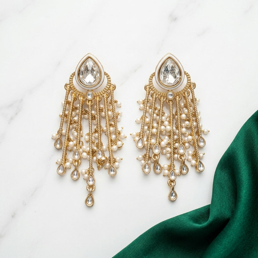 Gold Plated Kundan Pearl Tassel Earrings for Women | Lady Zone