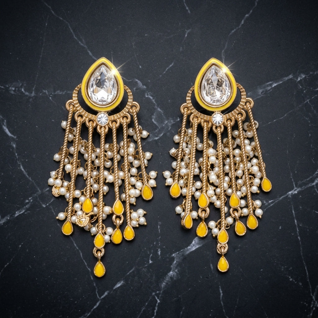 Gold Plated Kundan Pearl Tassel Earrings for Women | Lady Zone
