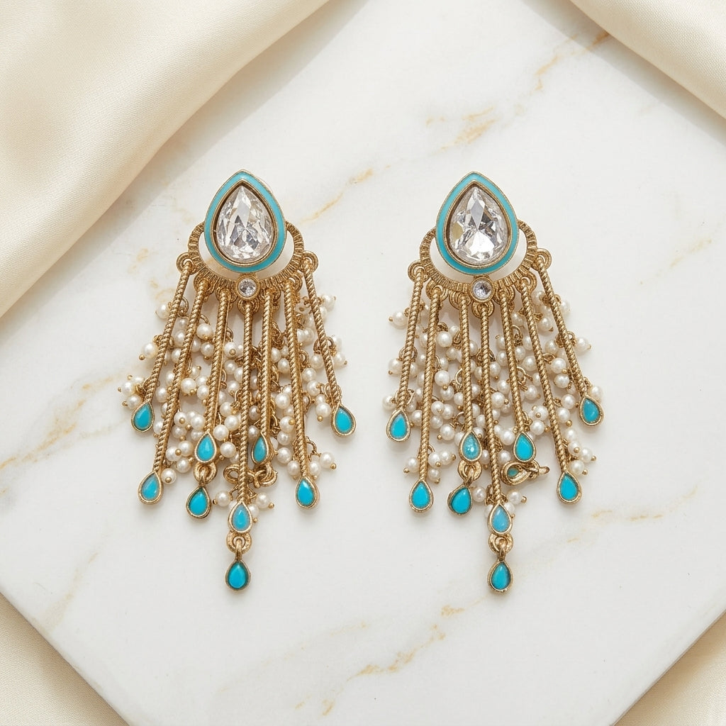 Gold Plated Kundan Pearl Tassel Earrings for Women | Lady Zone
