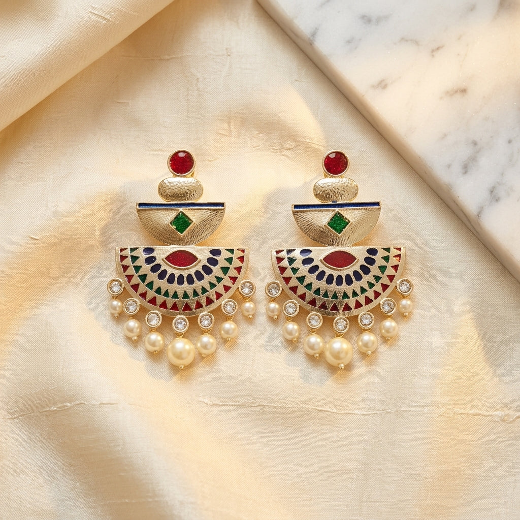 Royal Enamel Mother of Pearl Gold Dangler Earrings