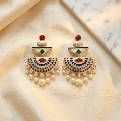 Royal Enamel Mother of Pearl Gold Dangler Earrings