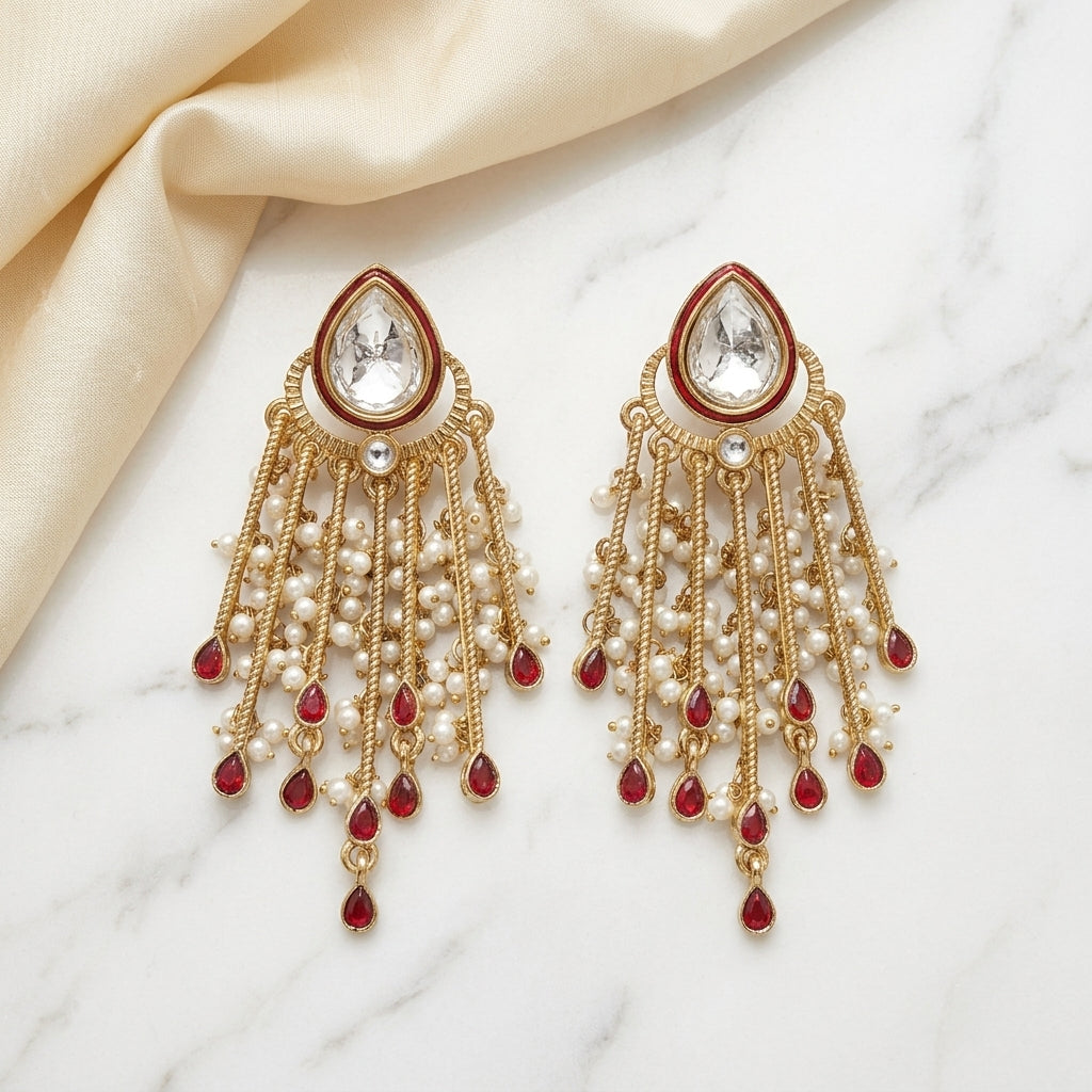 Gold Plated Kundan Pearl Tassel Earrings for Women | Lady Zone