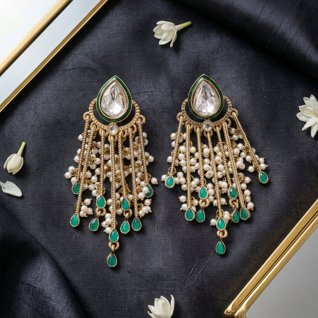 Gold Plated Kundan Pearl Tassel Earrings for Women | Lady Zone