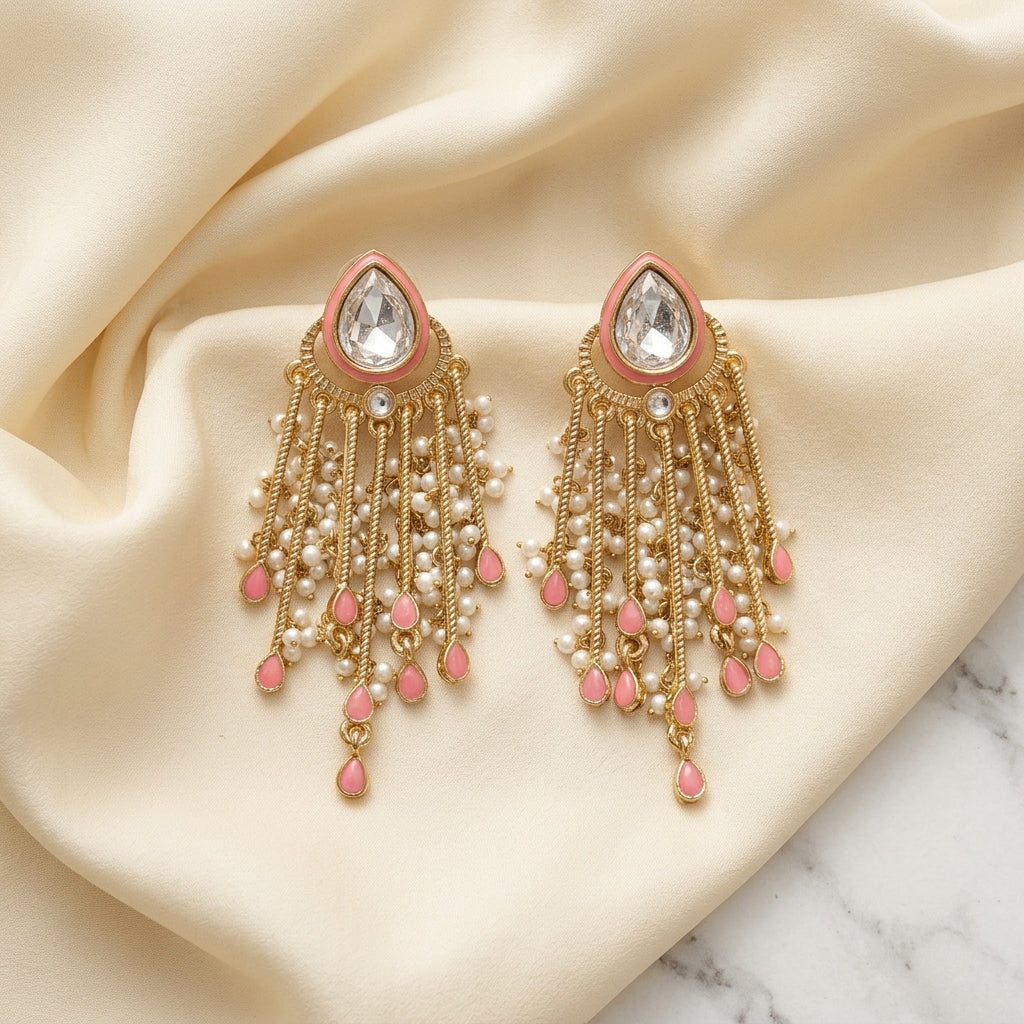 Gold Plated Kundan Pearl Tassel Earrings for Women | Lady Zone