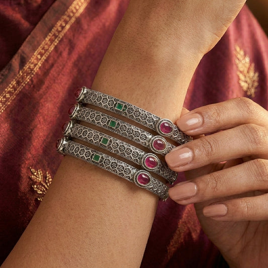 4 PC Oxidized Geometric Stone Bangle Set | Lady Zone