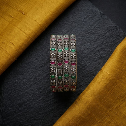 4 PC Oxidized Floral Stone Bangle Set | Lady Zone