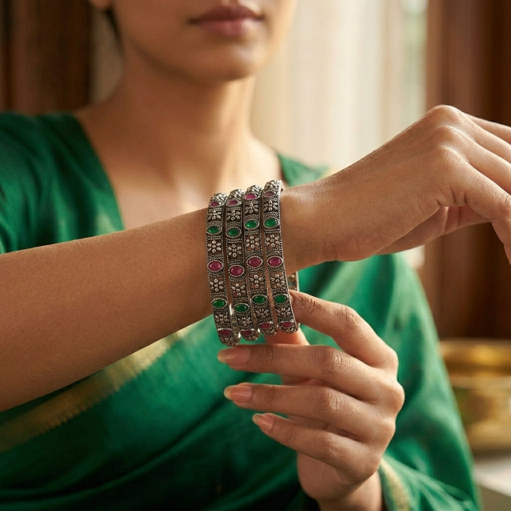 4 PC Oxidized Floral Stone Bangle Set | Lady Zone