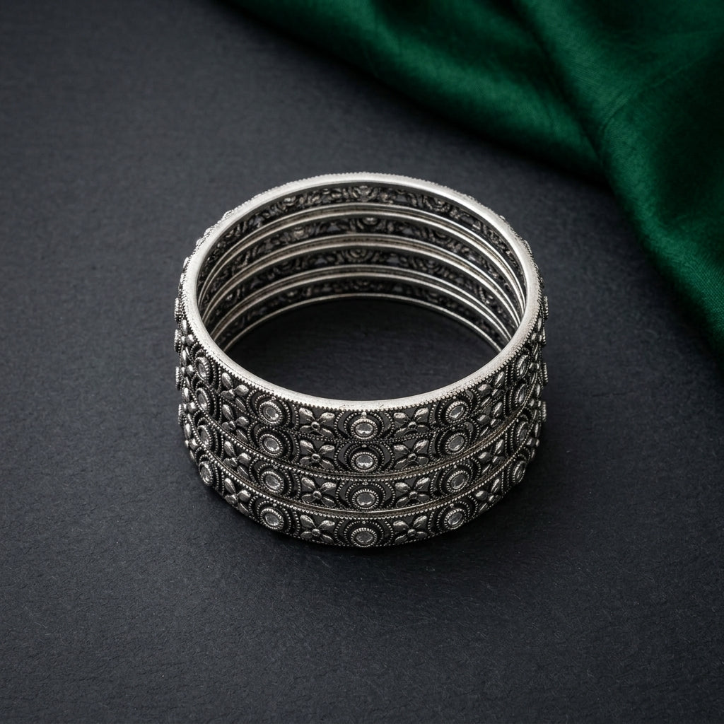 4 PC Oxidized Antique Floral Bangle Set | Lady Zone