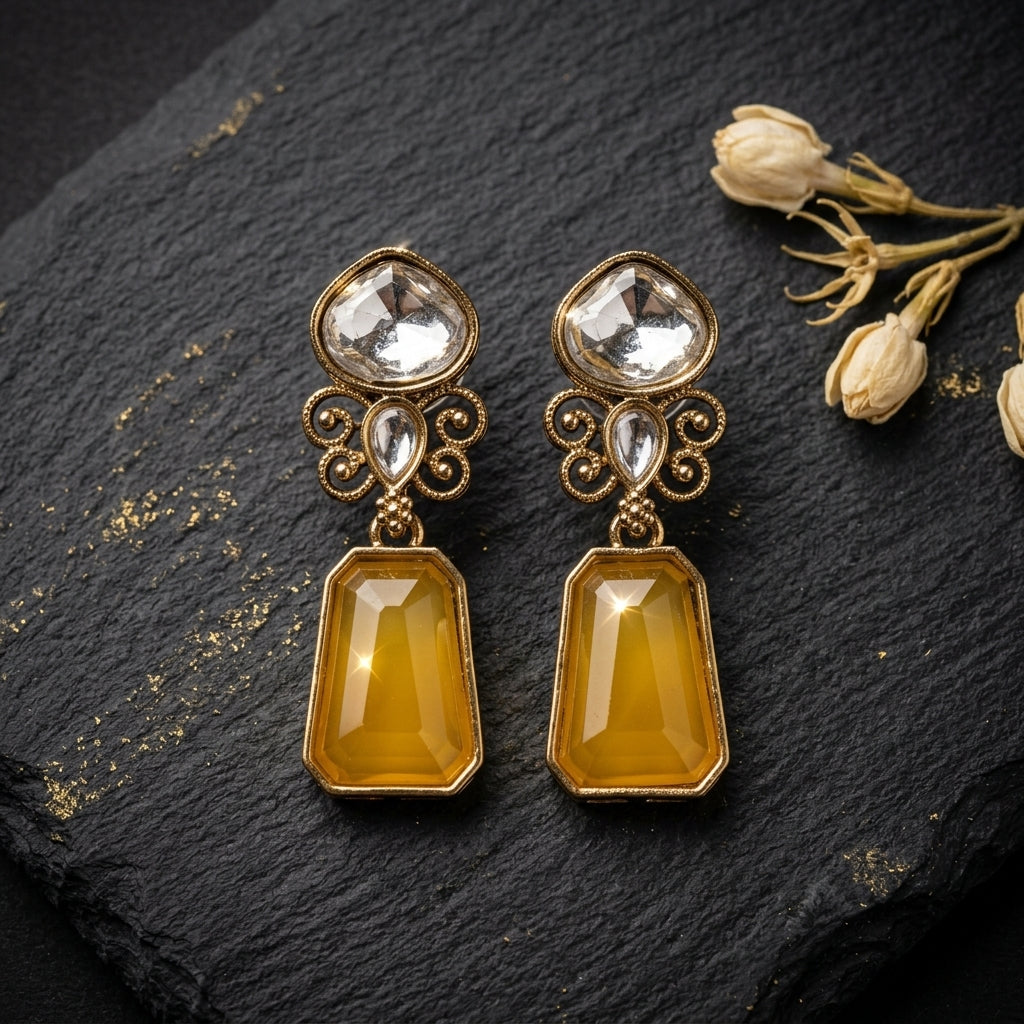 Gold Finish Kundan Stone Drop Earrings for Women | Lady Zone