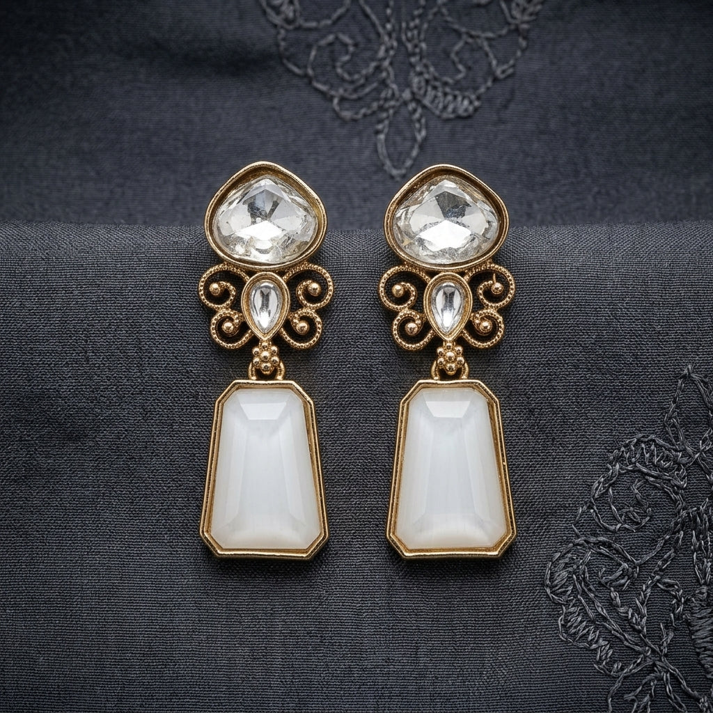 Gold Finish Kundan Stone Drop Earrings for Women | Lady Zone