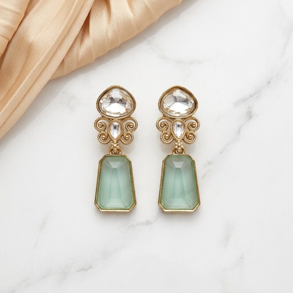 Gold Finish Kundan Stone Drop Earrings for Women | Lady Zone