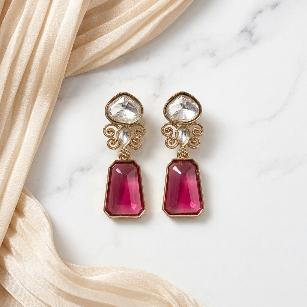 Gold Finish Kundan Stone Drop Earrings for Women | Lady Zone